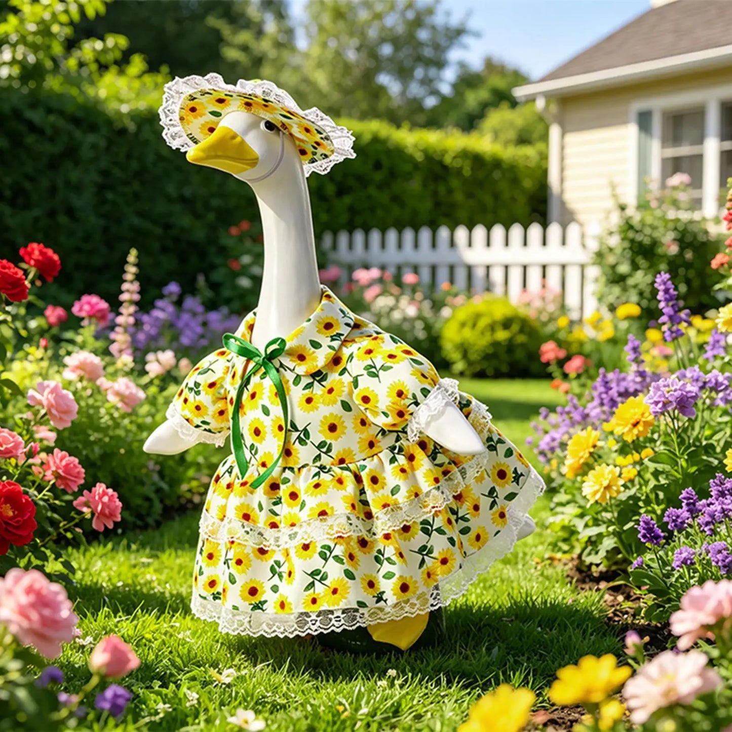 Porch Goose Costume Set – Sunflower Dress & Hat for Lawn Statues