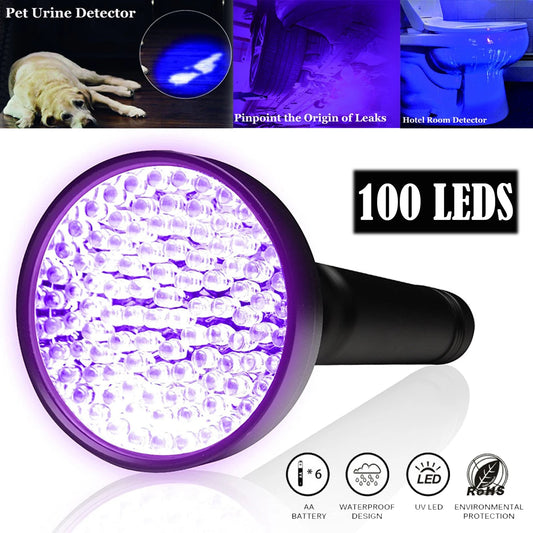 100LED 395nm UV Flashlight High Power Ultraviolet Torch Money Ore Pet Stains Invisible ink Scorpion Marker Fluorescent light Peaceful Pleasures Health and Wellness