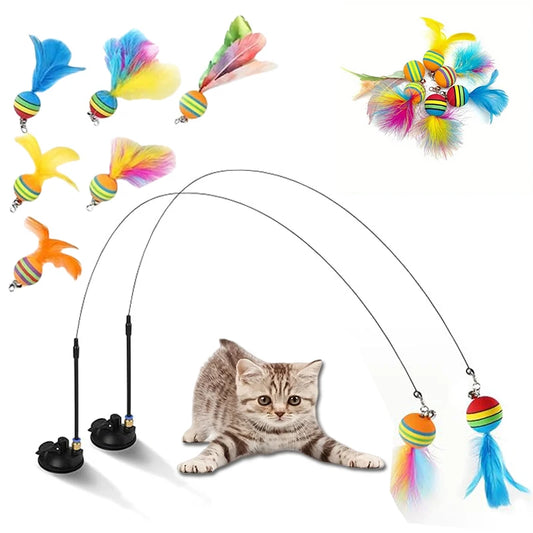 Interactive Cat Toys Kit Feather Toys with 1 Wands, 1 Suction Cups, Replacement Feather Heads for Indoor & Outdoor Play Peaceful Pleasures Health and Wellness
