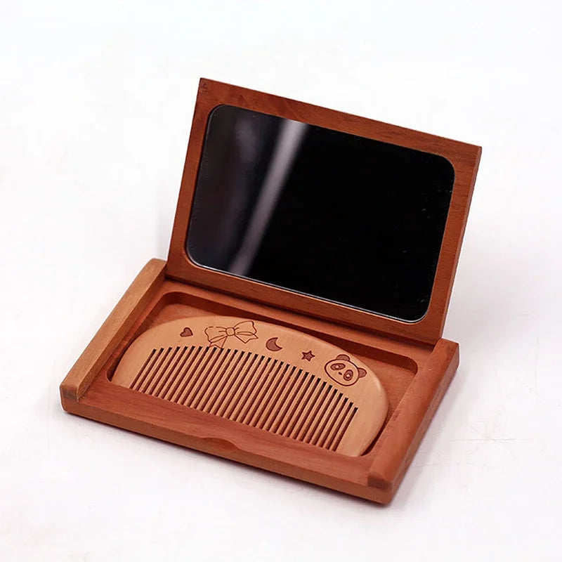 New Peach Wood Red Sandalwood Flip Mirror Folding Comb Mirror Portable Carved with Combs Makeup Mirror Portable Portable Mirrors Peaceful Pleasures Health and Wellness A