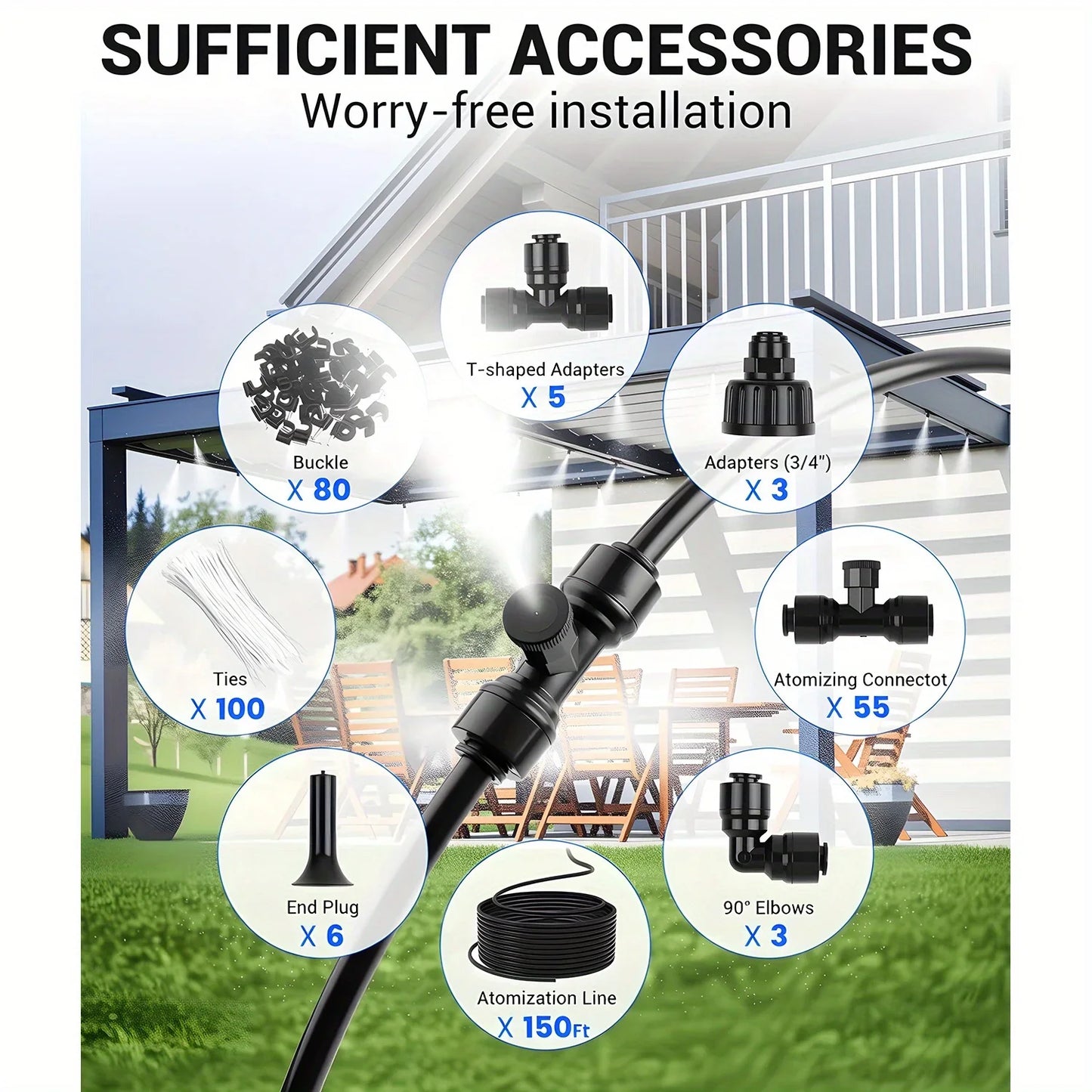 60FT Misters for Outside Patio Misters for Cooling (22 Mist Nozzles) Outdoor Water Patio Hose Greenhouse Mister System Outside Peaceful Pleasures Health and Wellness 150FT