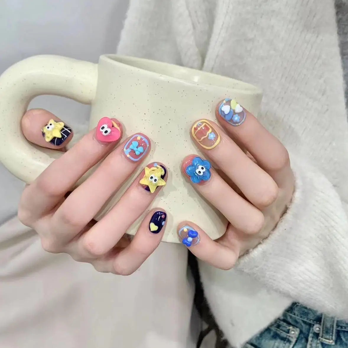 Handmade Press on Nails Cartoon Resin Star Cloud Decor False Nail Tips for Girls Wearable Sweet Short Fake Nail Patches 10pcs Peaceful Pleasures Health and Wellness