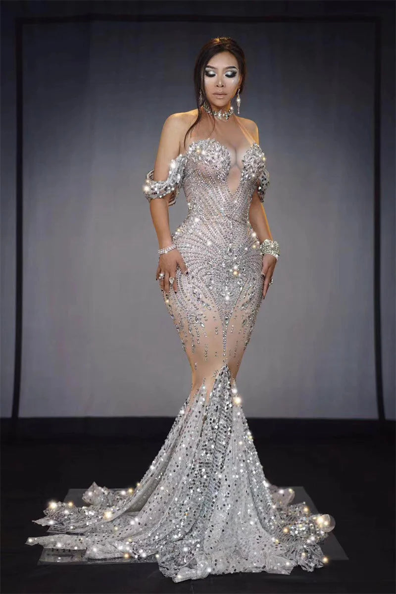 New Arrivals Elegant Shiny Rhinestones Off Shoulder Sexy Maternity Shoot Dress Sequin Fishtail Robe De Soiree Peaceful Pleasures Health and Wellness