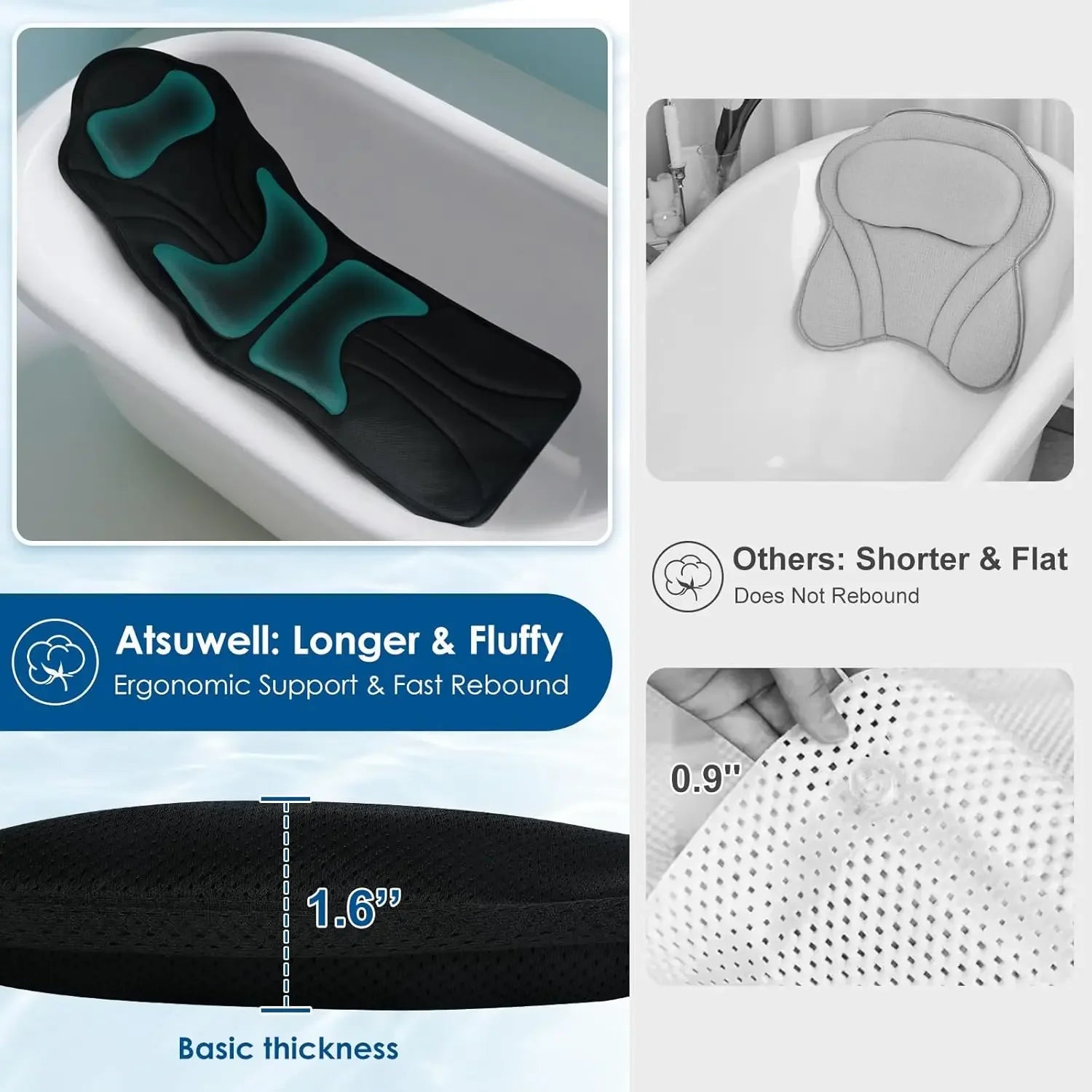 Full Body Bathtub Pillow with Ergonomic Support, Non-Slip Suction Cups & Dual Hooks for Relaxation, 51'' x 17'' Peaceful Pleasures Health and Wellness
