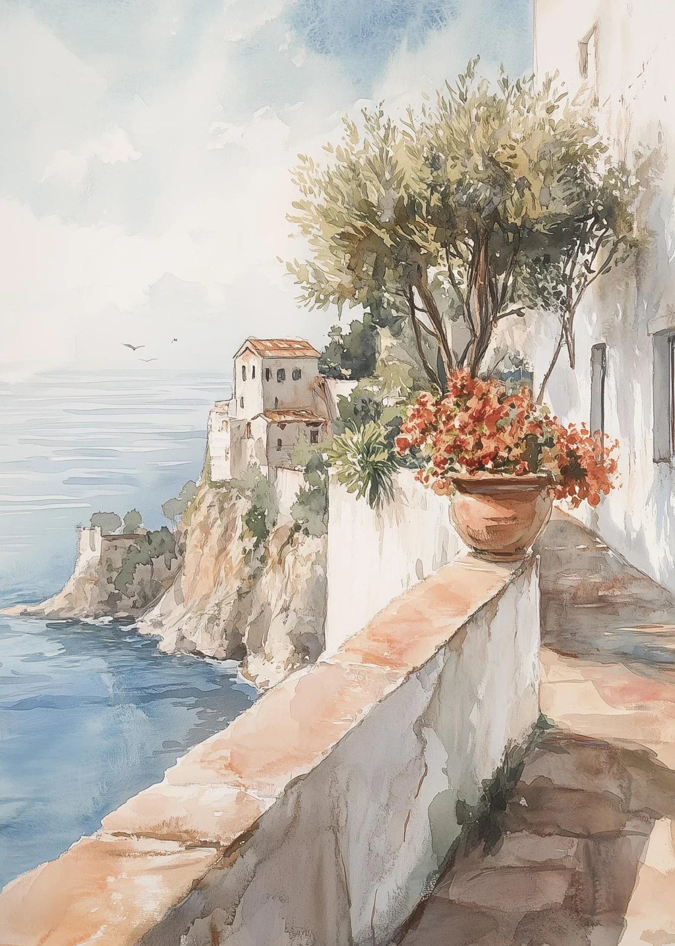 Santorini Mediterranean Coastal Canvas Wall Art Print | Unframed