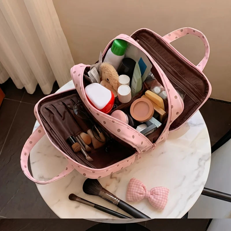 Polka Dot Makeup Bag | 3-Layer Travel Toiletry Organizer