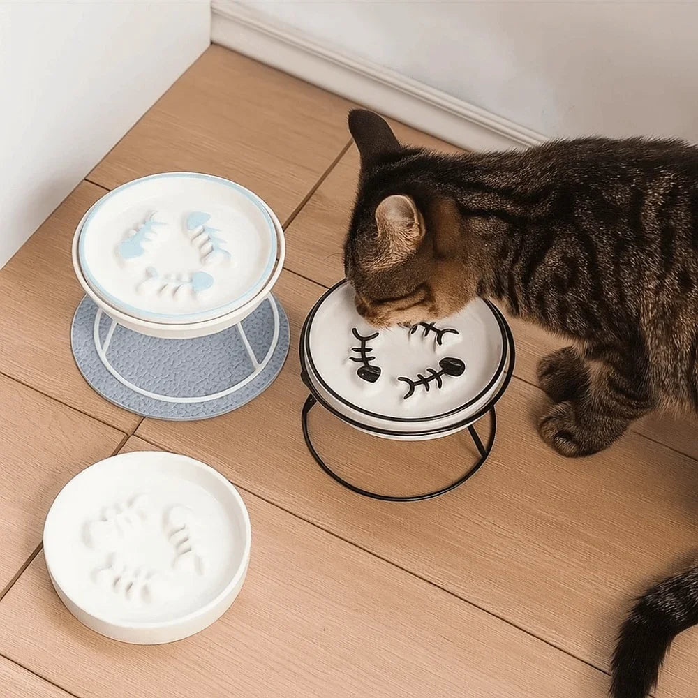 Raised Ceramic Cat Bowl | Elevated Slow Feeder & Water Bowl