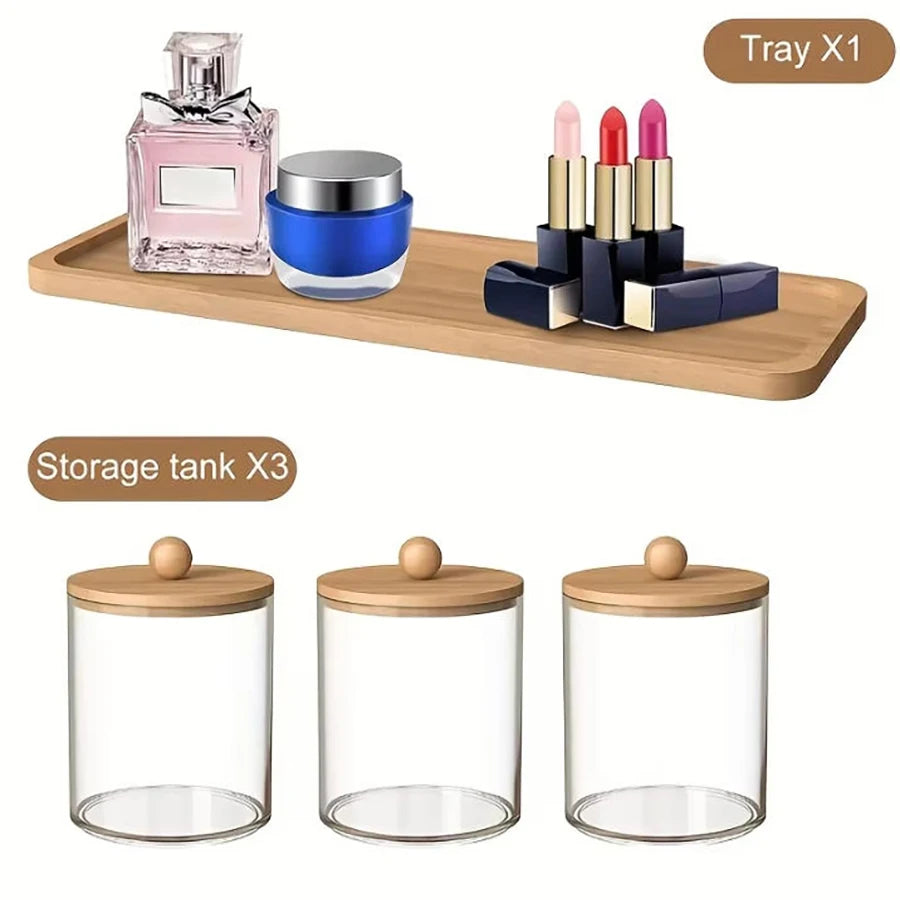Clear Acrylic Bathroom Canister with Tray Plastic Apothecary Jars Storage box Bathroom Organizers for Qtip, Cotton Balls, Floss Peaceful Pleasures Health and Wellness