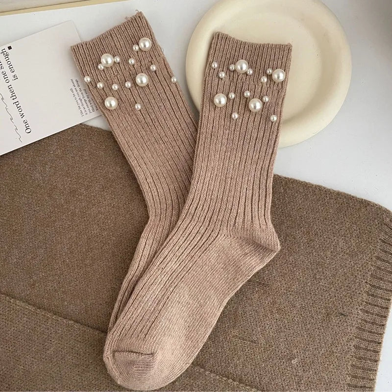 1 Pair of Women's Fashionable Pearl Decorative Socks, Cute Princess Style Mid Calf Korean Style Socks, Clothing Accessories Peaceful Pleasures Health and Wellness