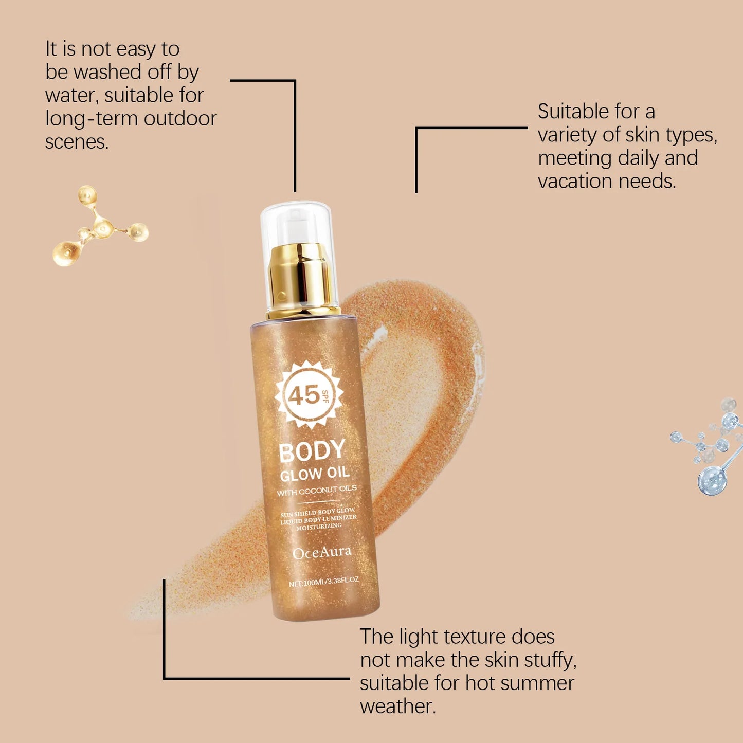 OceAura Coconut Body Shimmer Oil – Glow, Hydrate & SPF Protection