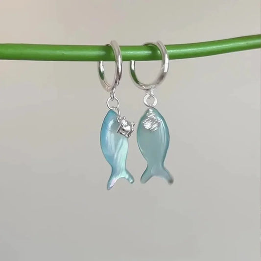 New Fashion Chinese Style Mint Mambo Mother of Pearl Small Fish Ear Button Women's Retro Forest Handmade Tassel Studded Earrings Peaceful Pleasures Health and Wellness