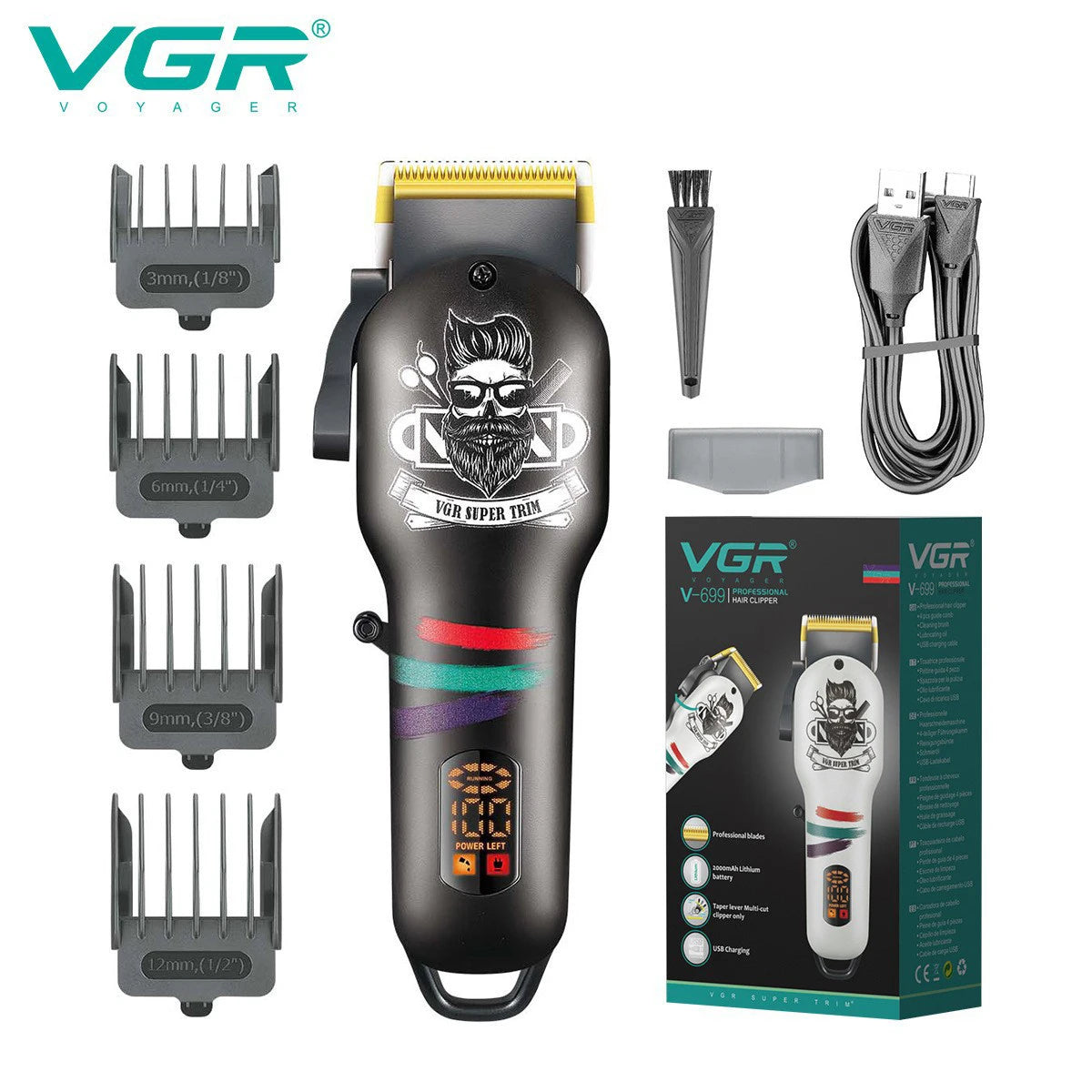 VGR 699 Hair Clipper Electric Hair Cutting Machine Professional Barber Cordless Hair Trimmer Digital Display Clipper for Men Peaceful Pleasures Health and Wellness 699 black