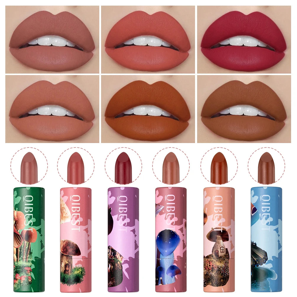 QIBEST Fantasy 6 colors Mushroom Lipstick Makeup Long Lasting Velve Red Sexy Lip Tint Moisture Nude Lip Gloss Women Cosmetics Peaceful Pleasures Health and Wellness
