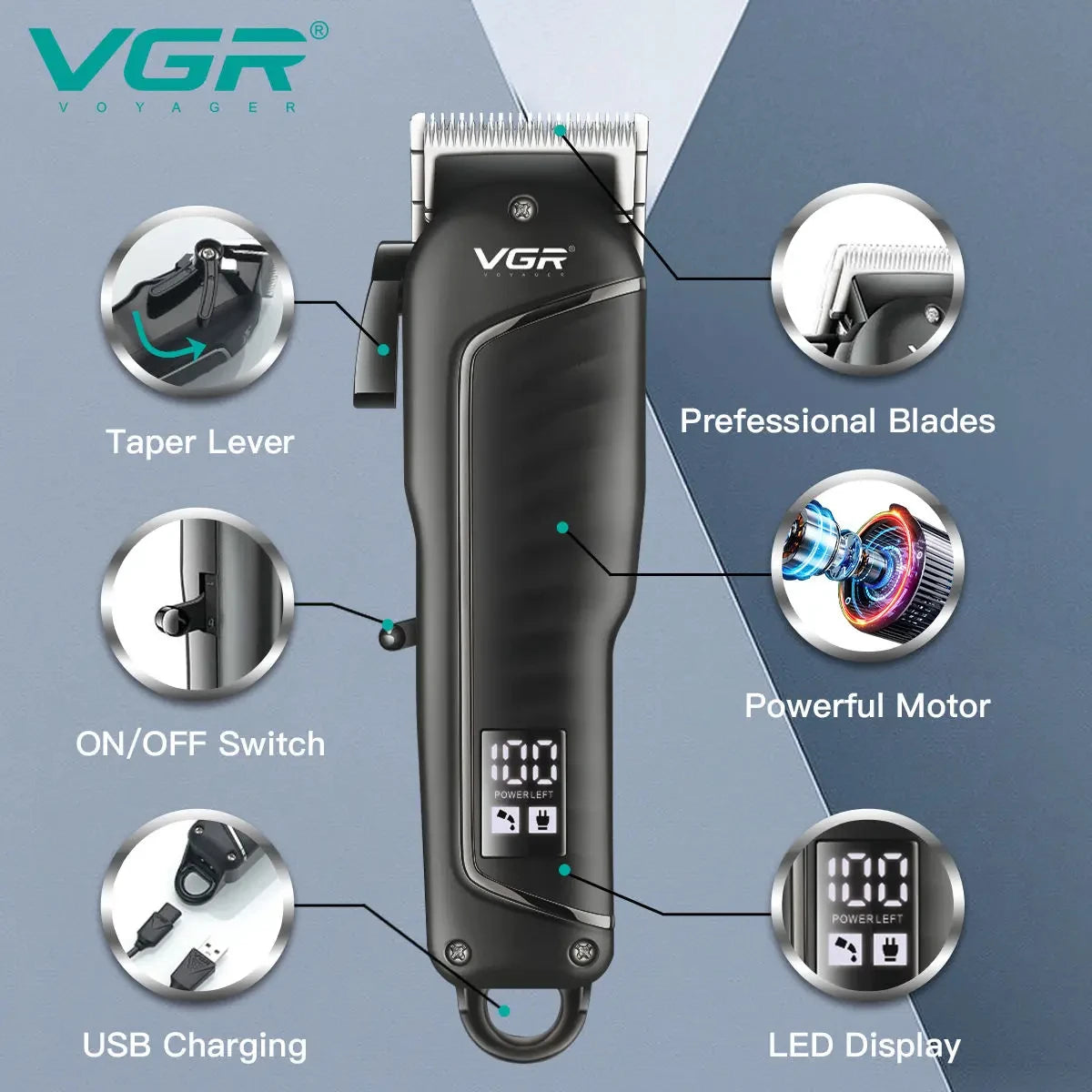 VGR V-683 Professional Rechargeable Hair Clipper | Digital Display