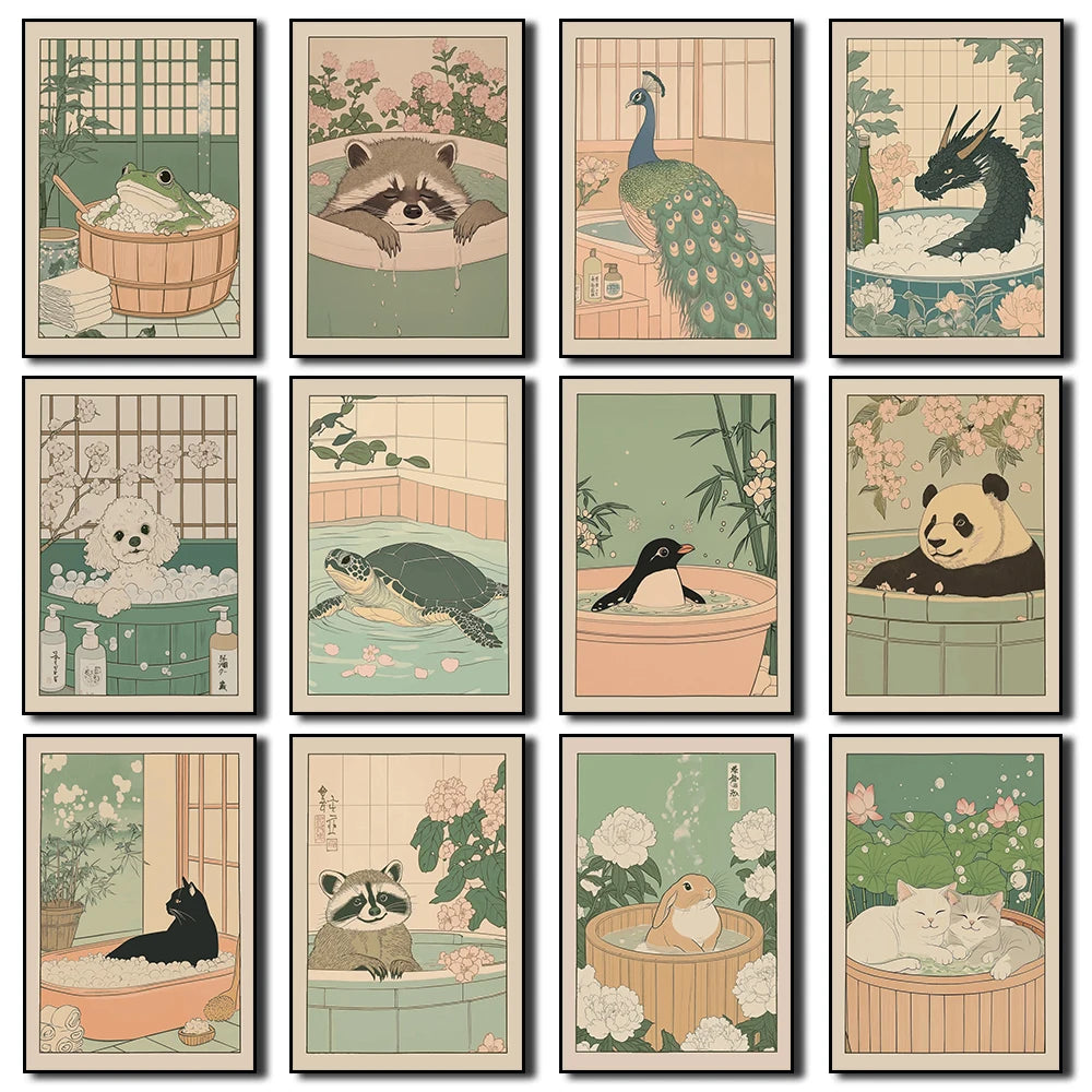 Japanese Cute Animals Bathtub Canvas Wall Art | Bathroom Decor