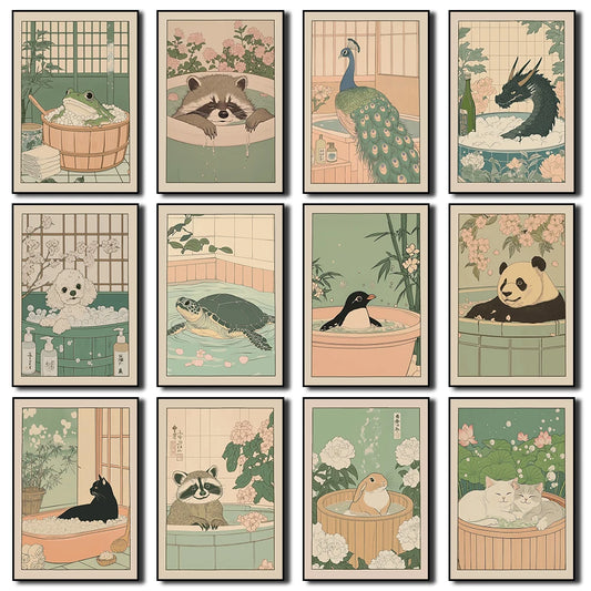 Japanese Cute Animals Bathtub Canvas Wall Art | Bathroom Decor Canvas Wall Art Peaceful Pleasures Health and Wellness