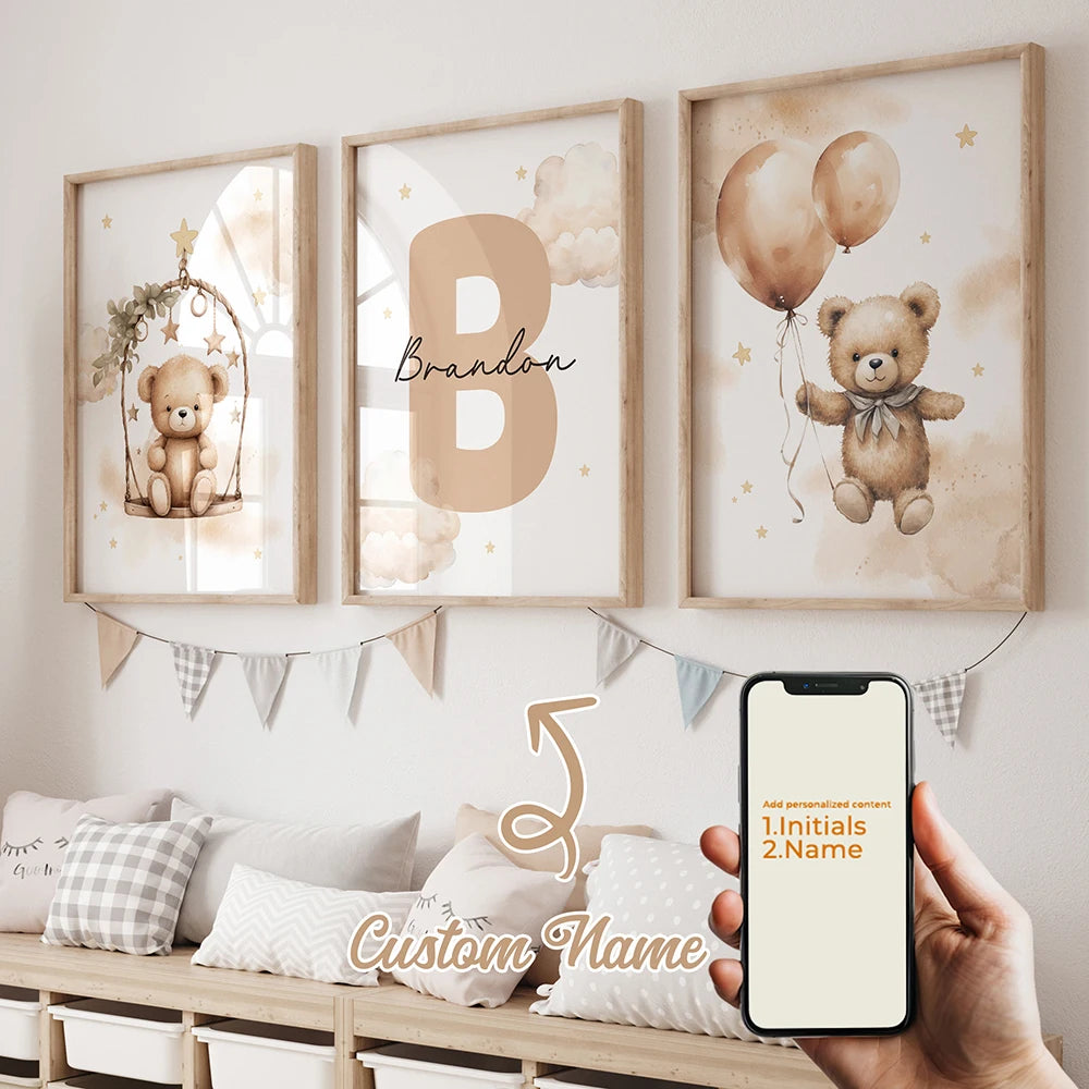 3-Piece Personalized Brown Bear Canvas Wall Art | Kids Decor