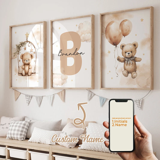 3-Piece Personalized Brown Bear Canvas Wall Art | Kids Decor Canvas Wall Art Set Peaceful Pleasures Health and Wellness GA-N071-3pcs 30x40cm Unframed