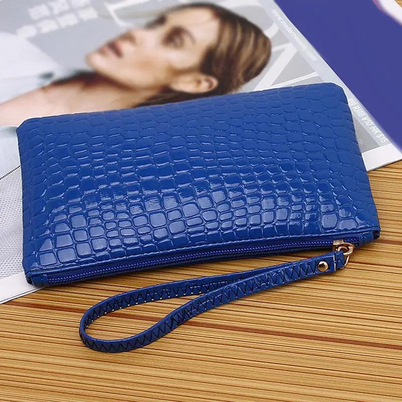 New Fashion PU Leather Wallet Purse Card Phone Holder Makeup Bag Clutch Zip Opening Handbag for Women Peaceful Pleasures Health and Wellness Blue