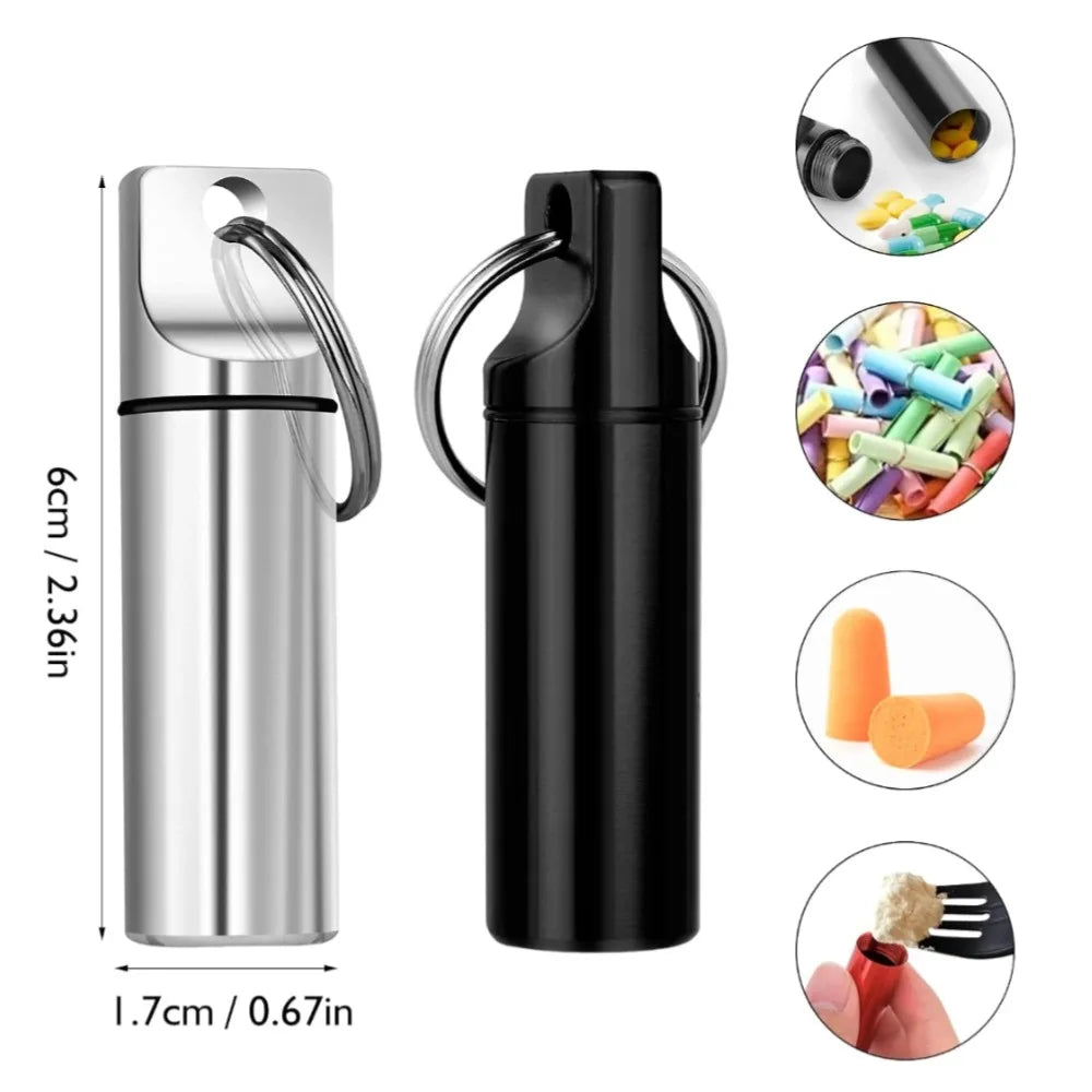 New Portable Waterproof Aluminium Metal Key Ring Pill Box Case Container Organizer Capsule Airtight Tablet for On The Go Storage Peaceful Pleasures Health and Wellness
