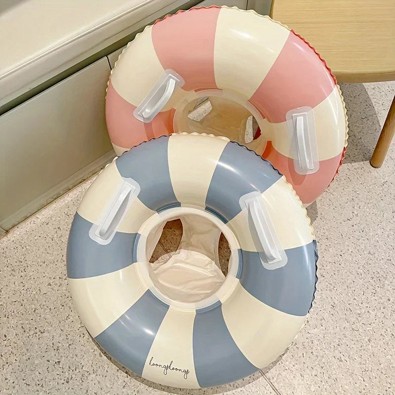Kids' Vintage Striped Swim Ring with Handles – Blue & Pink