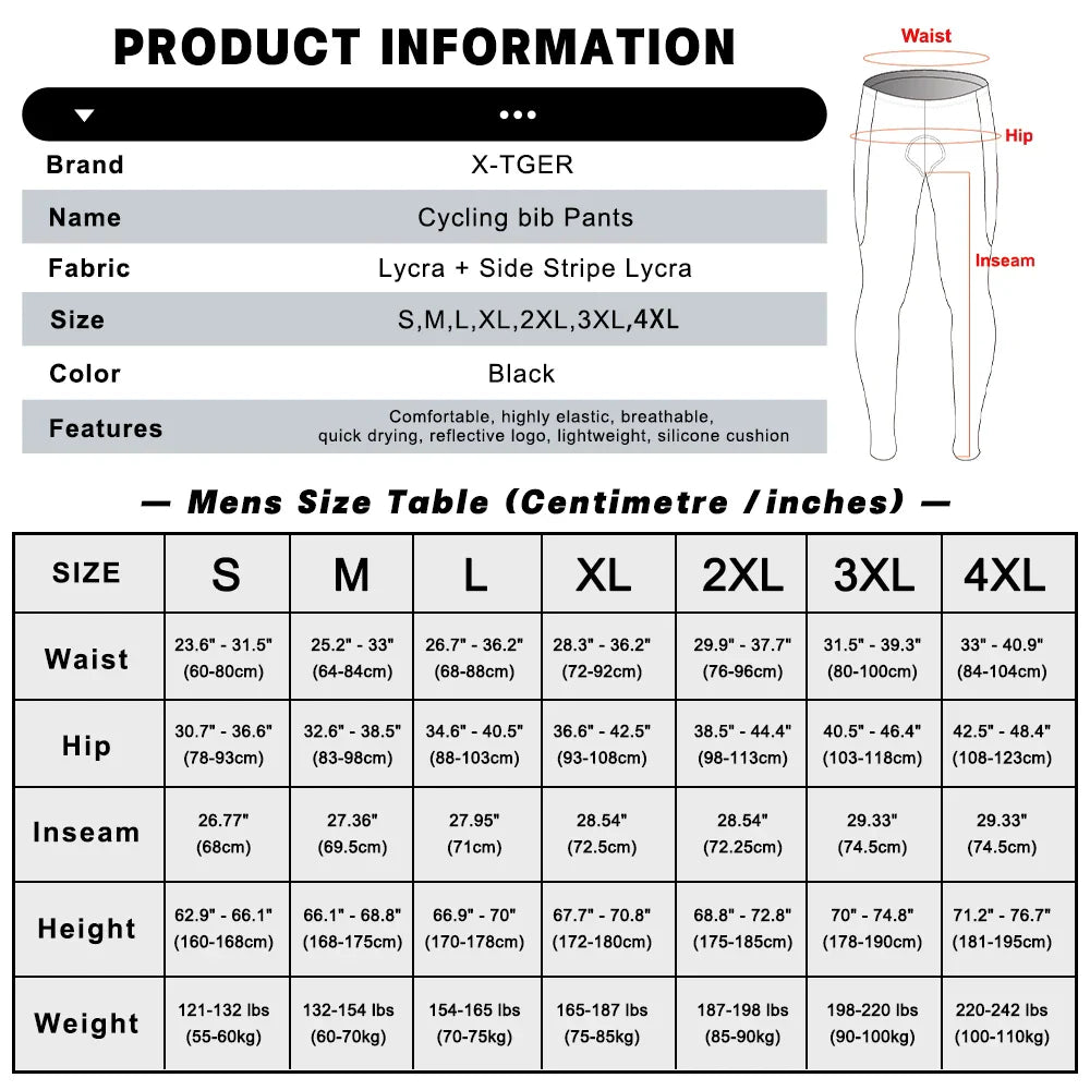 X-TIGER Men's Cycling Bib Pants – 5D Gel Pad & 3 Pockets
