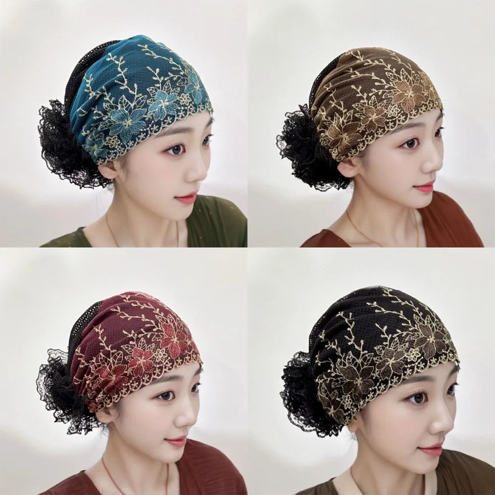 Flower Embroidery Turban Bonnet Hat – Elastic Lace Headscarf
