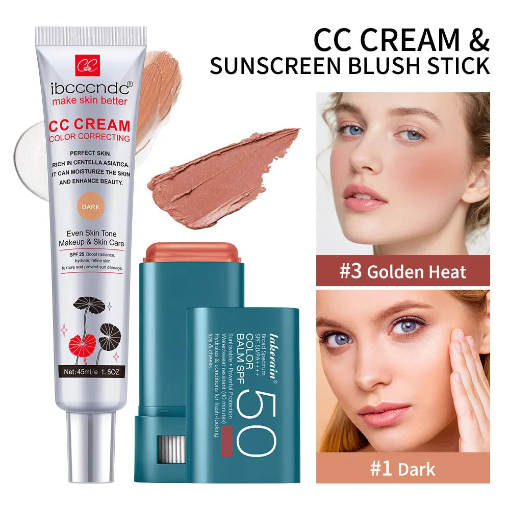 CC Cream & SPF 50 Blush Stick Set – Waterproof Korean Makeup