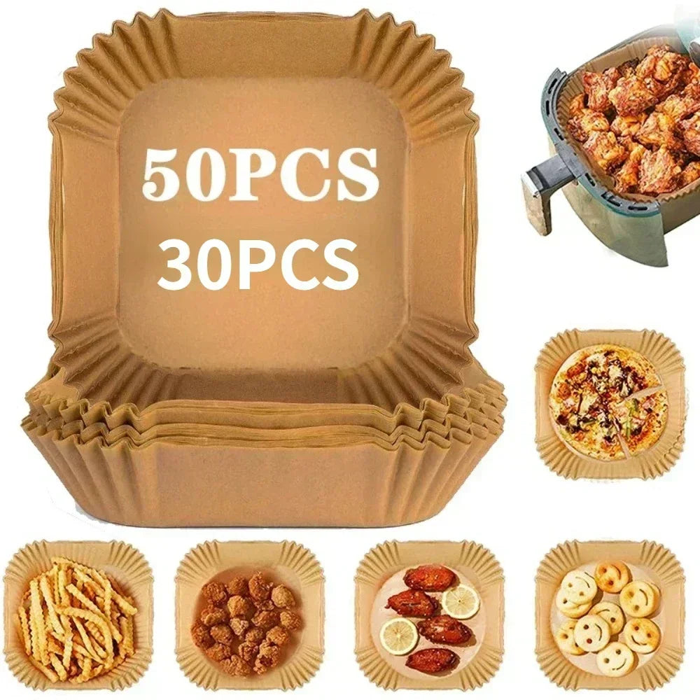 50/30 Pieces Kitchens Accessories Air Fryer Paper Kitchen Utensils Disposable Square Round Pastry Molds BBQ Plate Non-stick Pad Peaceful Pleasures Health and Wellness