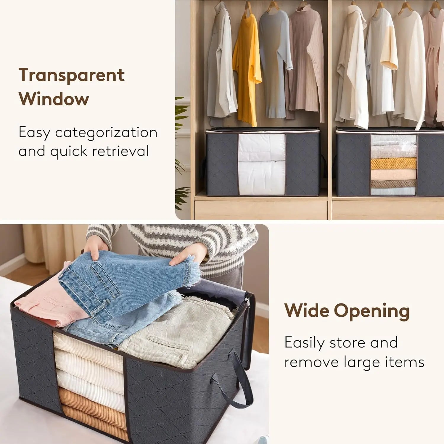 Clothing storage cubes with transparent window and wide opening features, used in a wardrobe setting.
