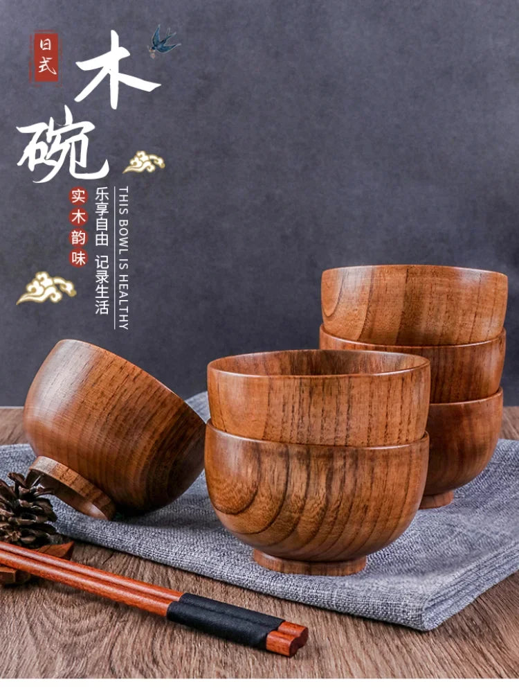 Japanese Style Acacia Wooden Bowl for Children's Dining Anti DropBowl Exclusive Wooden Bowl Retro Home Tableware Set Salad Bowl Peaceful Pleasures Health and Wellness