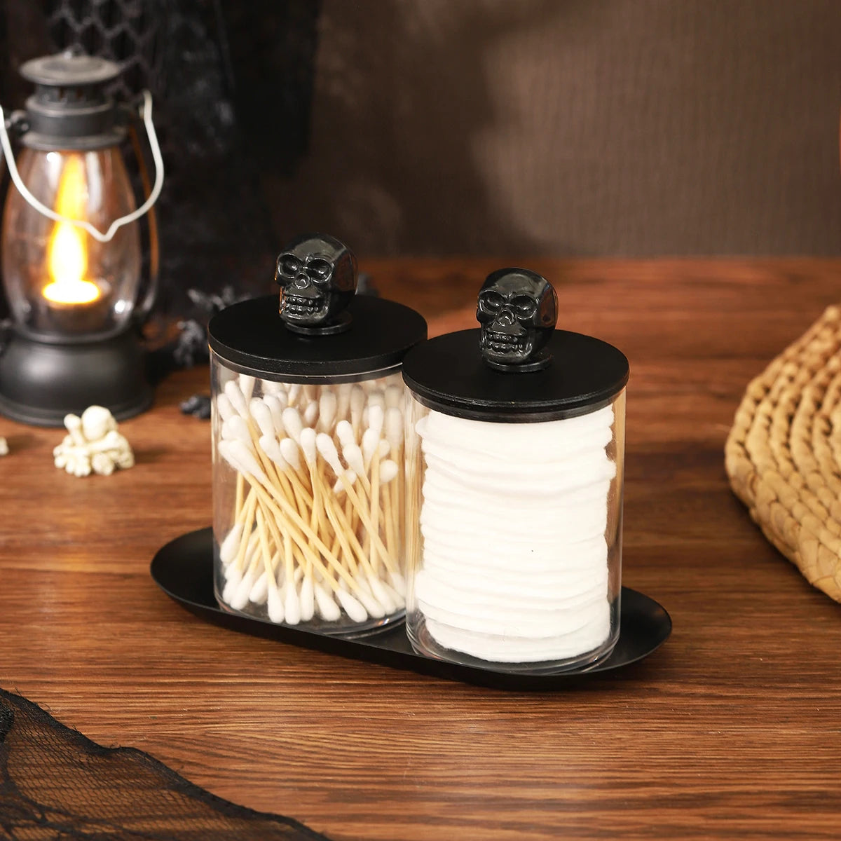 2 Pack Acrylic Apothecary Jars Qtip Holder Dispenser Canisters with Tray, Bathroom Jars Set Cotton Ball Qtip Holder Halloween Peaceful Pleasures Health and Wellness
