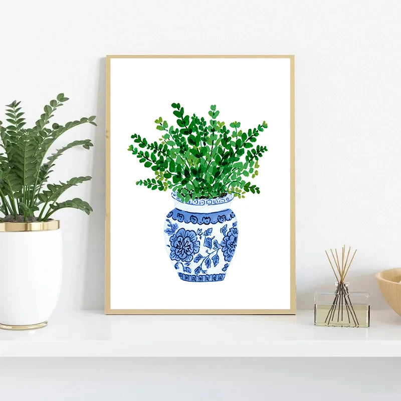 Watercolor Blue & White Vase Floral Canvas Wall Art | Unframed Canvas Wall Art Peaceful Pleasures Health and Wellness