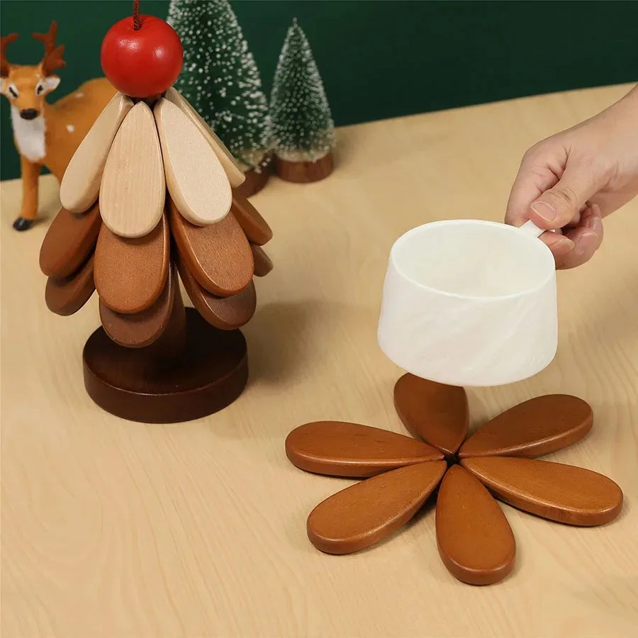 Christmas Tree Wooden Trivet & Heat Insulation Mat | Foldable Pot Pad – Star & Cherry Style