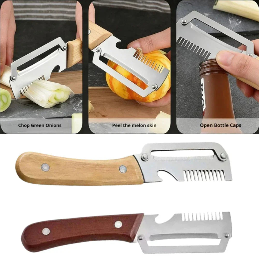 3-in-1 Multifunction Kitchen Peeler, Wooden Handle Stainless Steel Serrated Knife, Vegetable Fruit Peeler Shredder Bottle Opener Peaceful Pleasures Health and Wellness