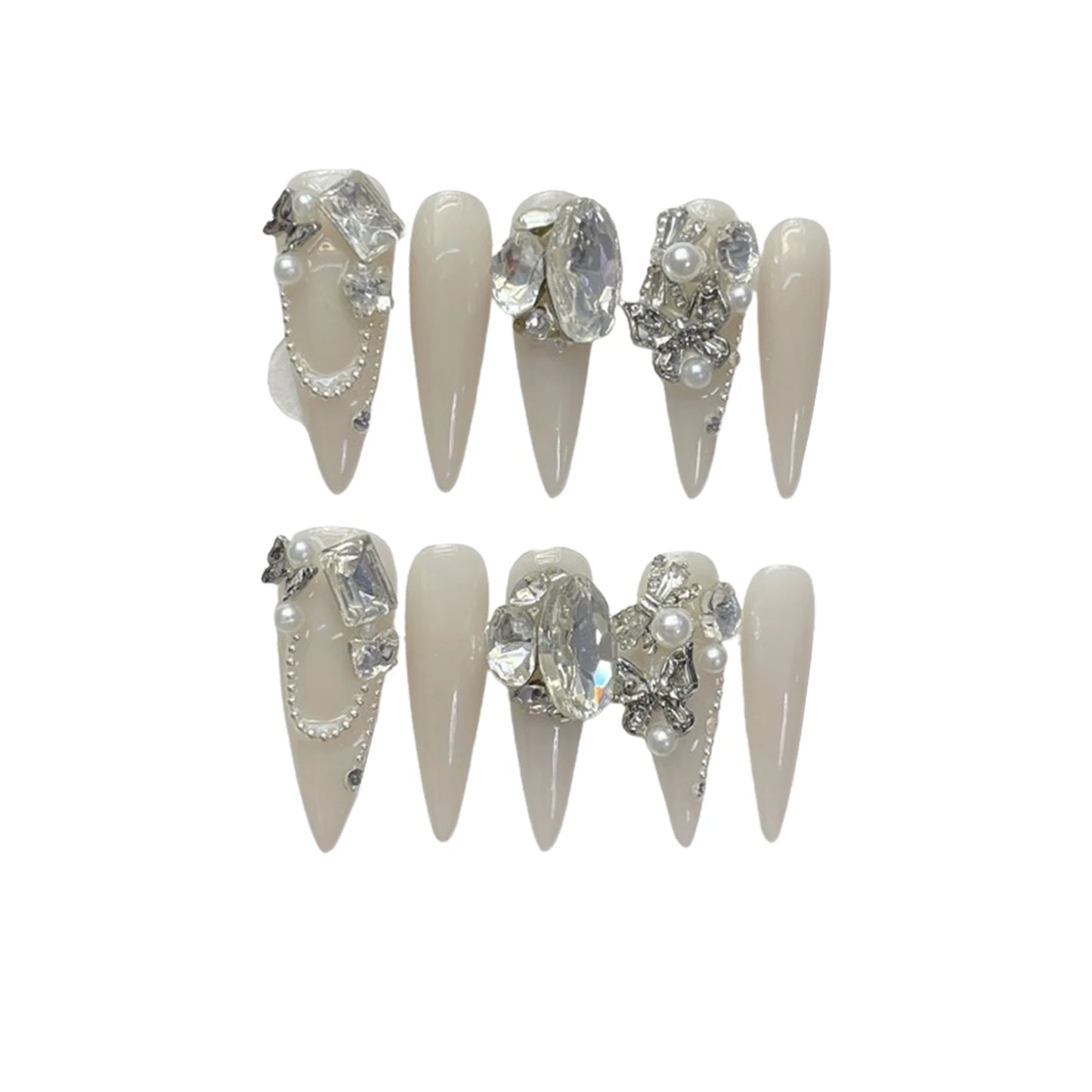 Handmade Press On Nails with Shiny Rhinestone Design Stiletto False Nails Glitter Crystal Pearl Long Pointed Fake Nail Tips Peaceful Pleasures Health and Wellness L