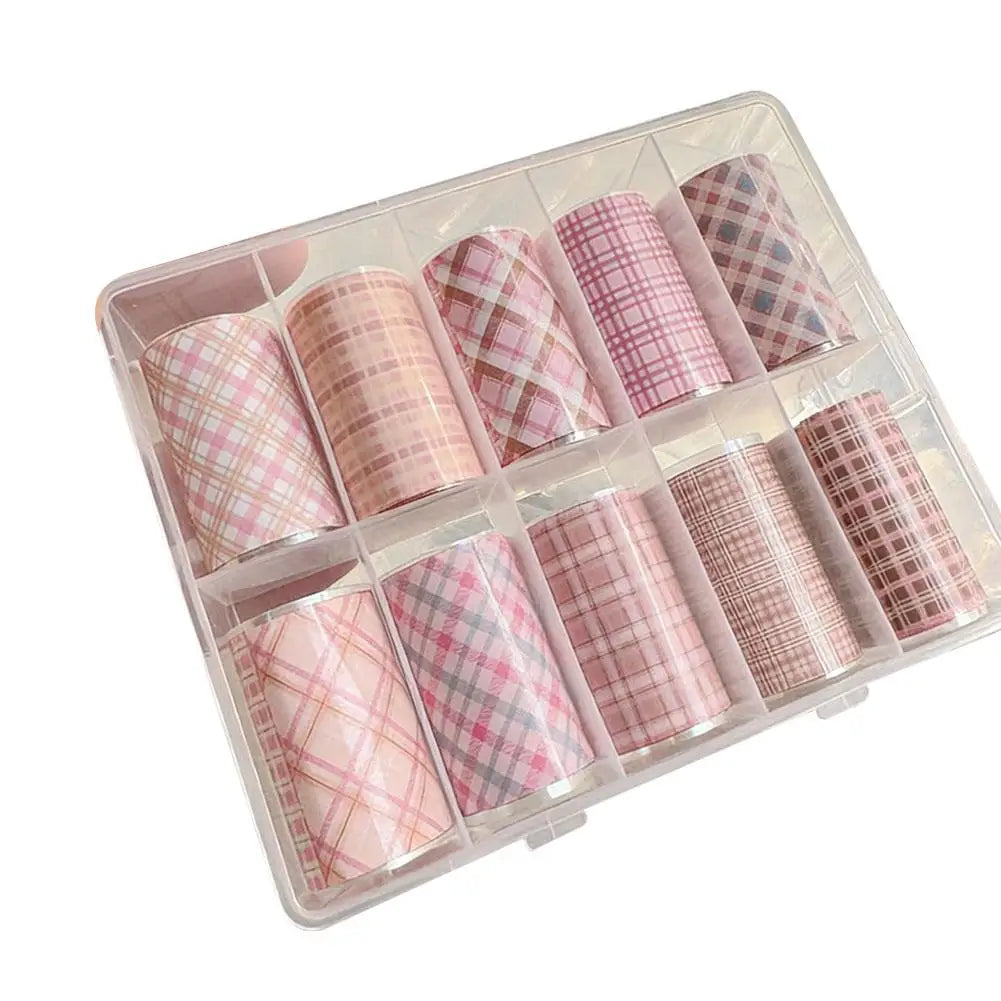 10Roll/Box Plaid/Flower Nail Foil Transfer Stickers for Nail Art Self-Adhesive Nail Decals Foil Paper Decals Nail Supplies Decor Peaceful Pleasures Health and Wellness pink