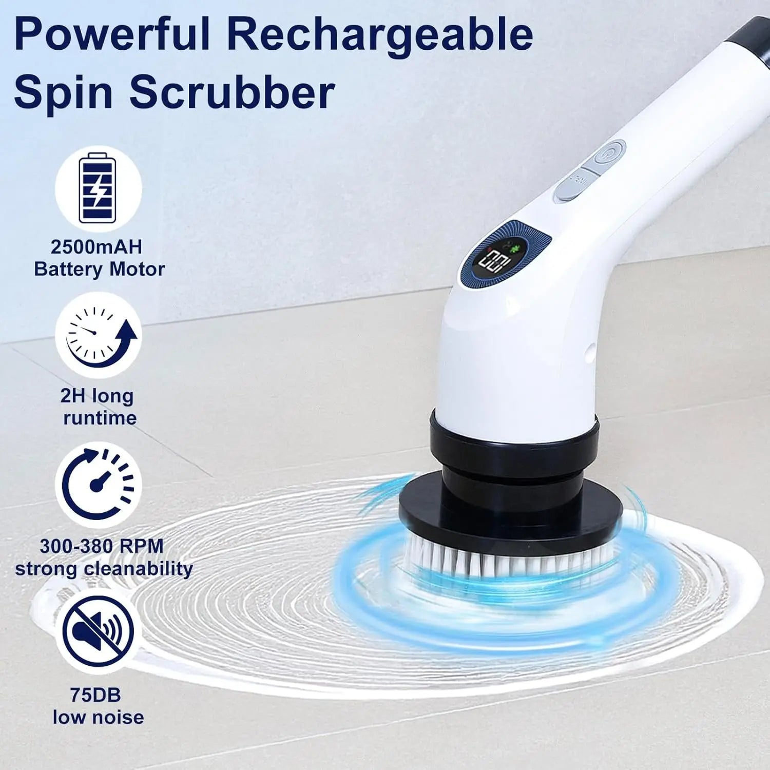 Rechargeable spin scrubber with features highlighted on a light background