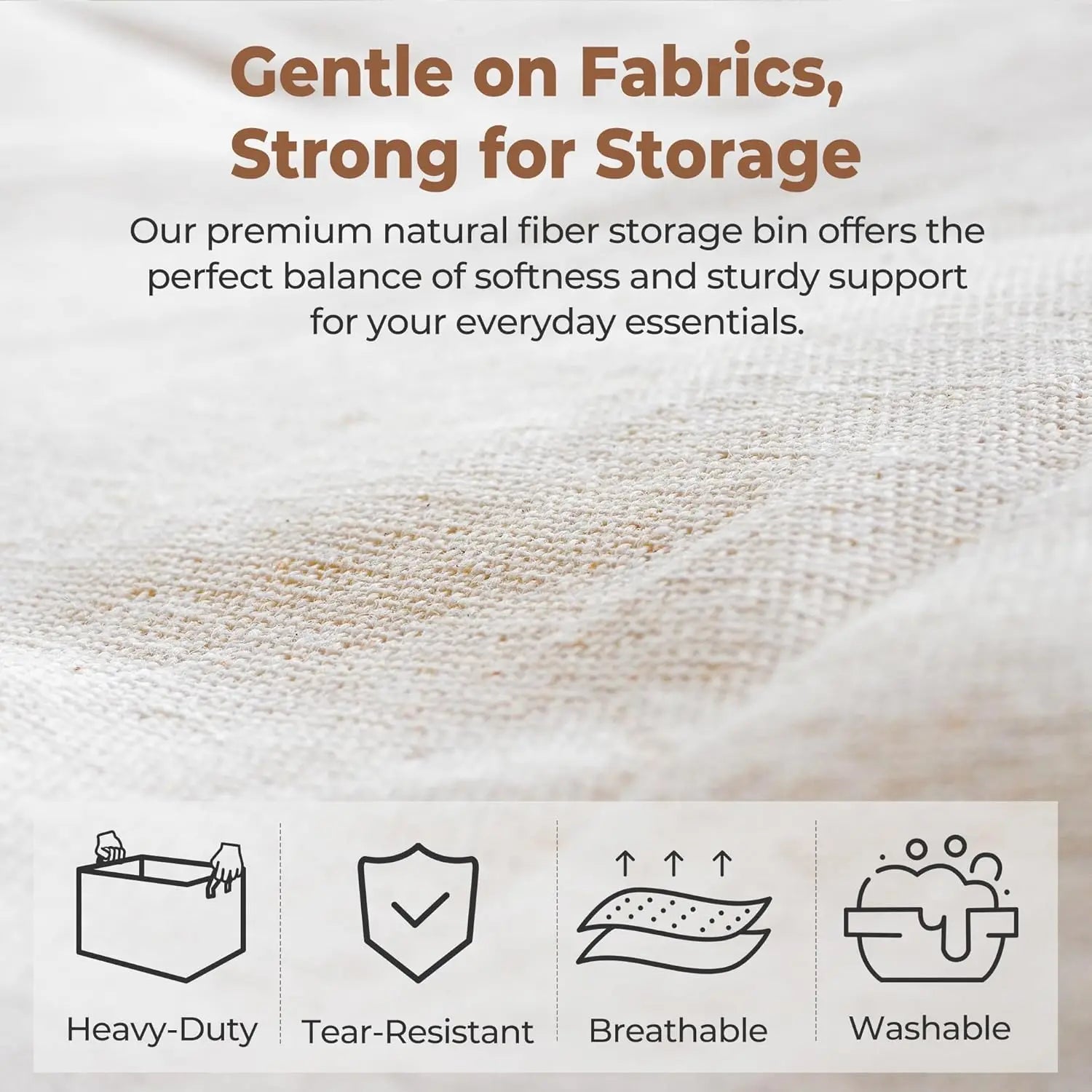 Text and icons about a premium natural fiber storage bin on a textured fabric background.