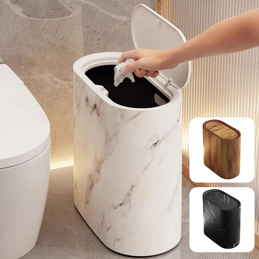 Marble Slim Trash Can with Lid – Narrow Wastebasket for Home Slim Wastebasket Oasis Select