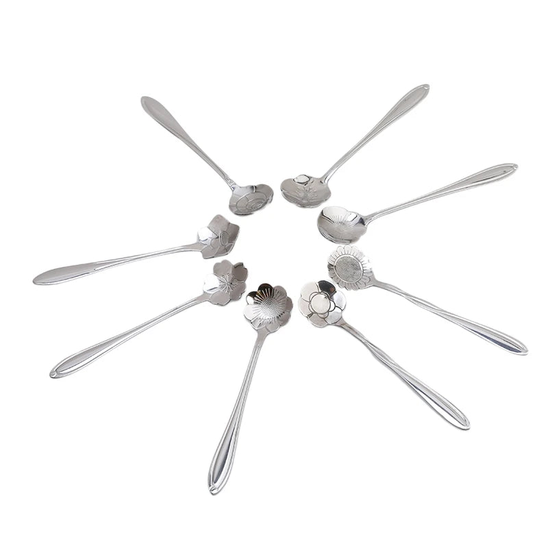 8Pcs/Set Flowers Design Gold Spoon Long Handle Dessert Tea Coffee Mixing Spoon Stainless Steel Vintage Teaspoons Drink Tableware Peaceful Pleasures Health and Wellness silvery