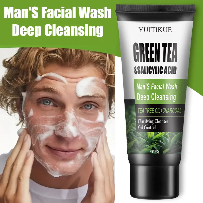 YUITIKUE Men's Facial Wash 60g - Green Tea & Salicylic Acid, Deep Cleansing, Oil Control, Tea Tree & Charcoal, For Men Peaceful Pleasures Health and Wellness