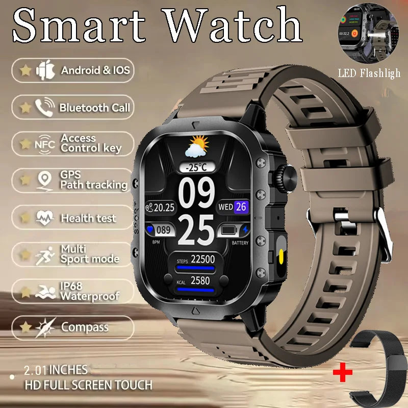 Military Smart Watch Men's Outdoor Sports Waterproof Watch 2.01" HD Touch Screen Voice Bluetooth Call GPS Tracking Smartwatch Peaceful Pleasures Health and Wellness Br22BKMilan
