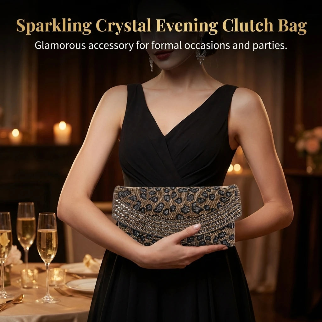 Leopard Print Clutch Bag for Women with Rhinestone Decoration Evening Crossbody Shoulder Bag for Wedding Party and Formal Events Peaceful Pleasures Health and Wellness