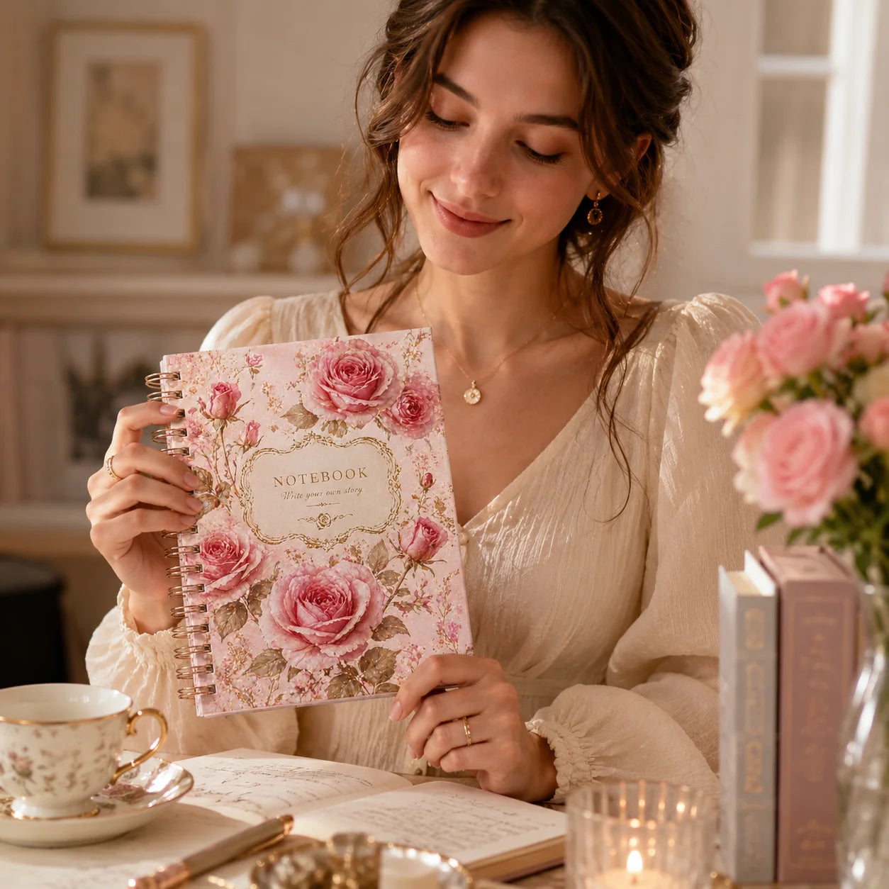 Retro Pink Rose Stamping Coil Notebook Girl Heart Art Handbook