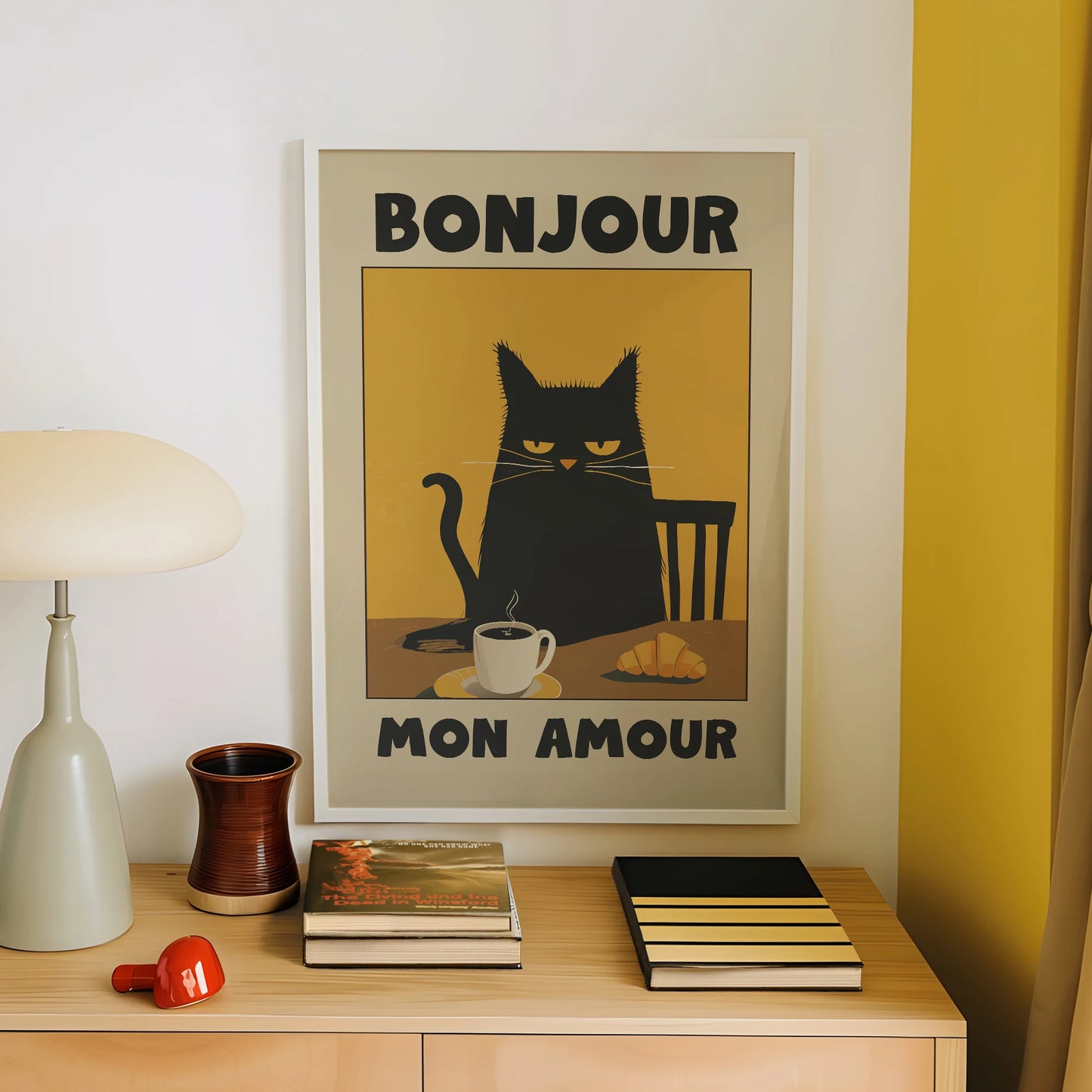 Black Cat Breakfast Vintage Canvas Wall Art | Warm Tones Print
