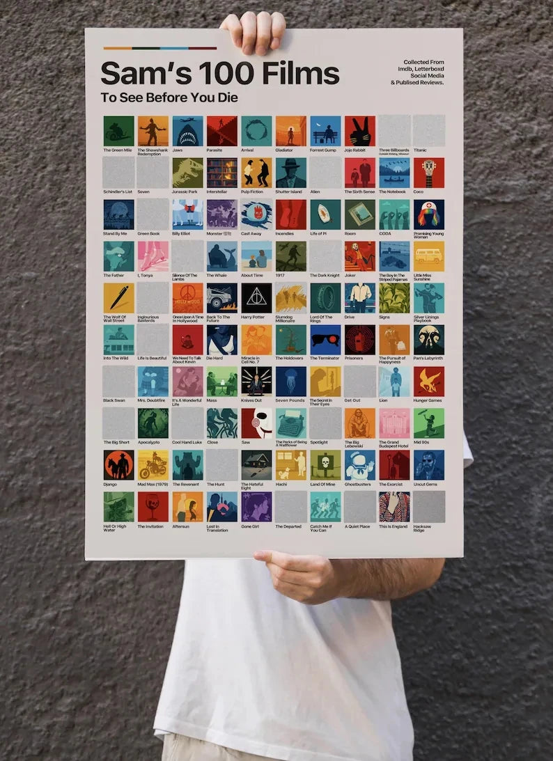 100 Movies Bucket List Canvas Wall Art | Film Lover Gift