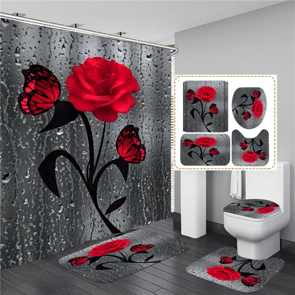 4pcs Set Doormat Shower Curtain with Non-Slip Rugs Toilet Seat Cover Bath Carpet Durable Waterproof Bathroom Home Entrance Decor Peaceful Pleasures Health and Wellness D
