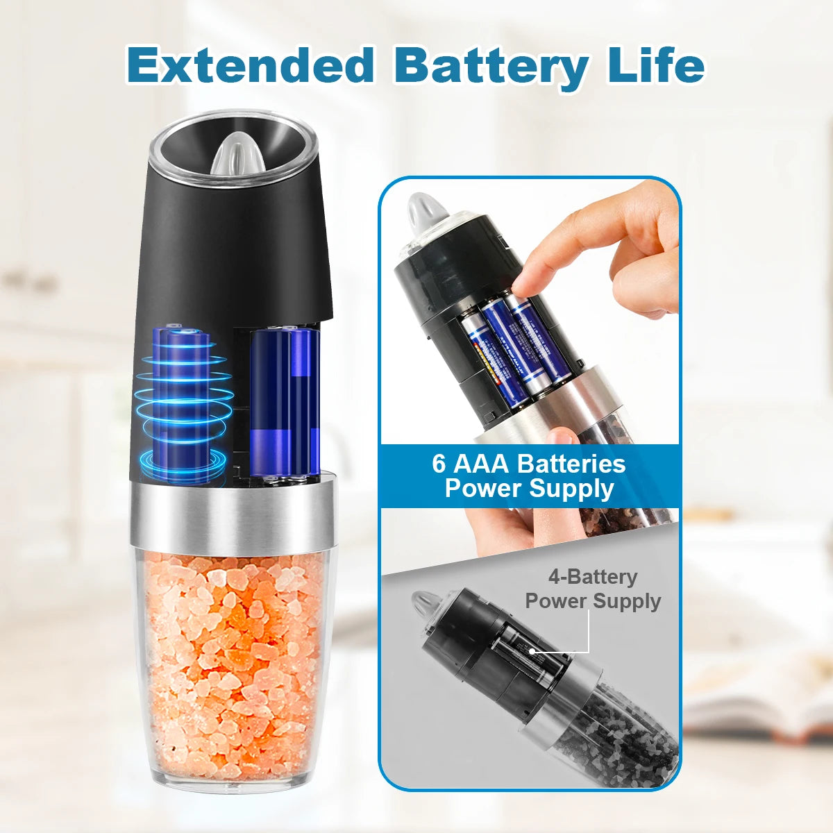 1/2pcs Gravity Electric Pepper and Salt Stainless Steel Grinder Set with Adjustable Coarseness Operated LED Light Peaceful Pleasures Health and Wellness