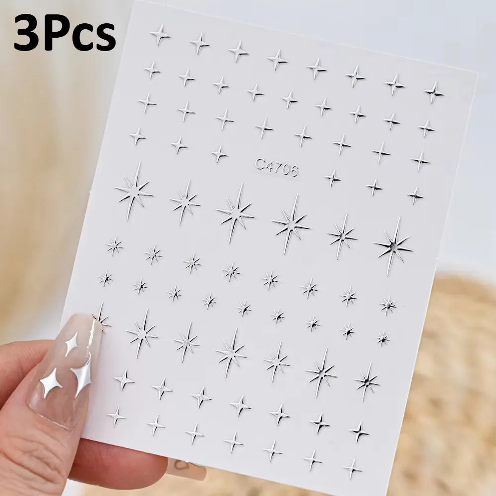3D Silver Nail Art Stickers – Stars, Hearts & Chain Decals
